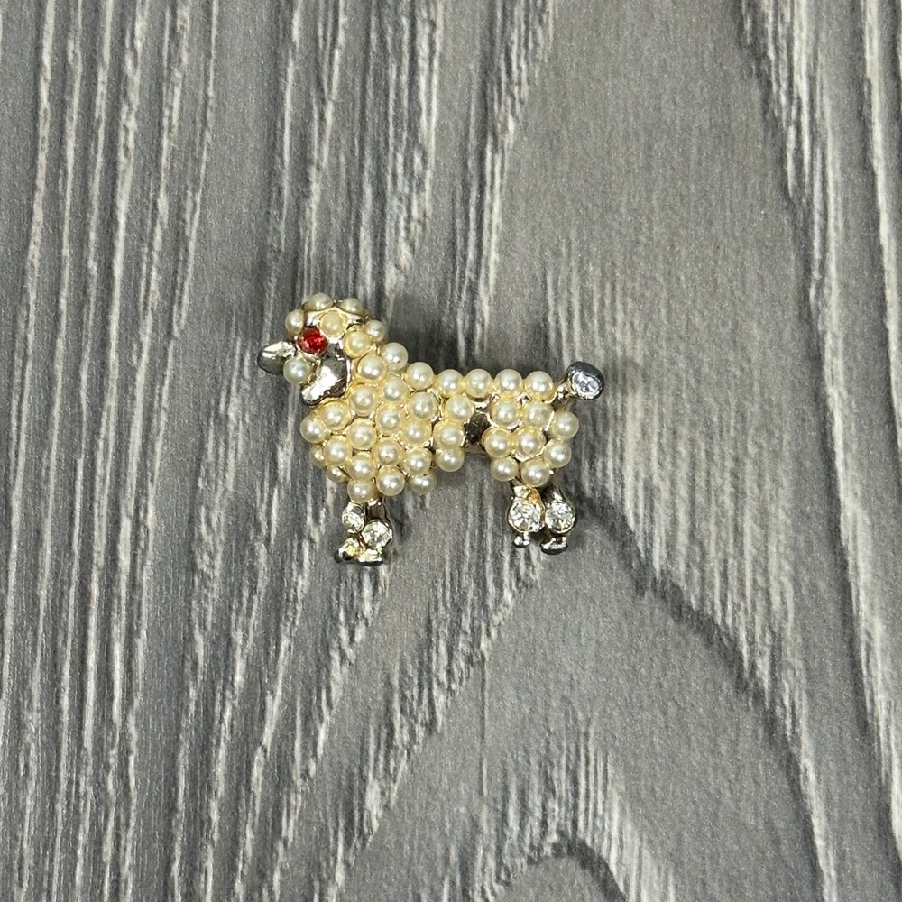 Vintage Faux Pearl Poodle Pin Brooch CZ Details Gold Toned - approx. 1960s
